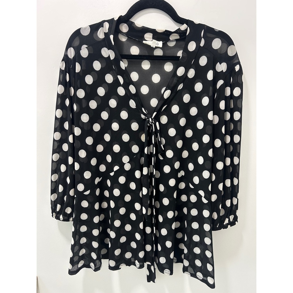 Siren Lily Black White Polka Dot Tie Neck Mesh Blouse 2X STA1468X